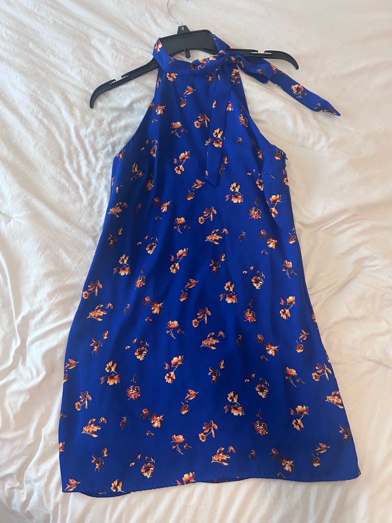 19 Cooper Cobalt Blue Floral TieNeck Dress